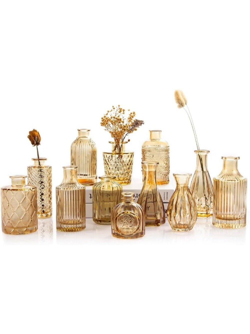 Set of 12 Gold Amber Glass Bud Vases - Elegant Small Flower Holders for Home